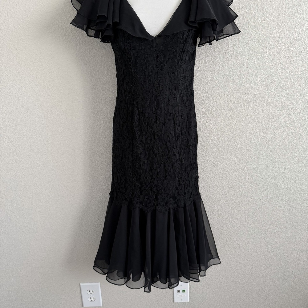 Vintage Casadei Dress 1980s Lace Bodycon Midi Flutter Sleeve Lined READ Cocktail - Picture 12 of 14